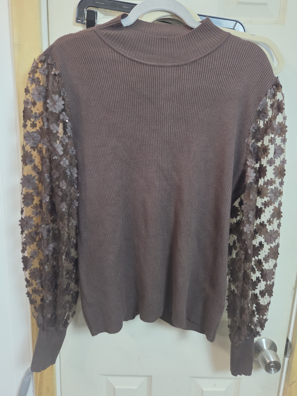 Cato Brown Ribbed Mock neck Sweater with Floral Lace Sleeves